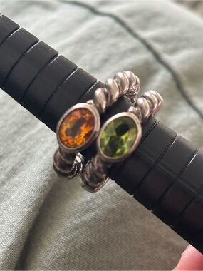 TWO STERLING SILVER + CITRINE AND PERIDOT STONES RING